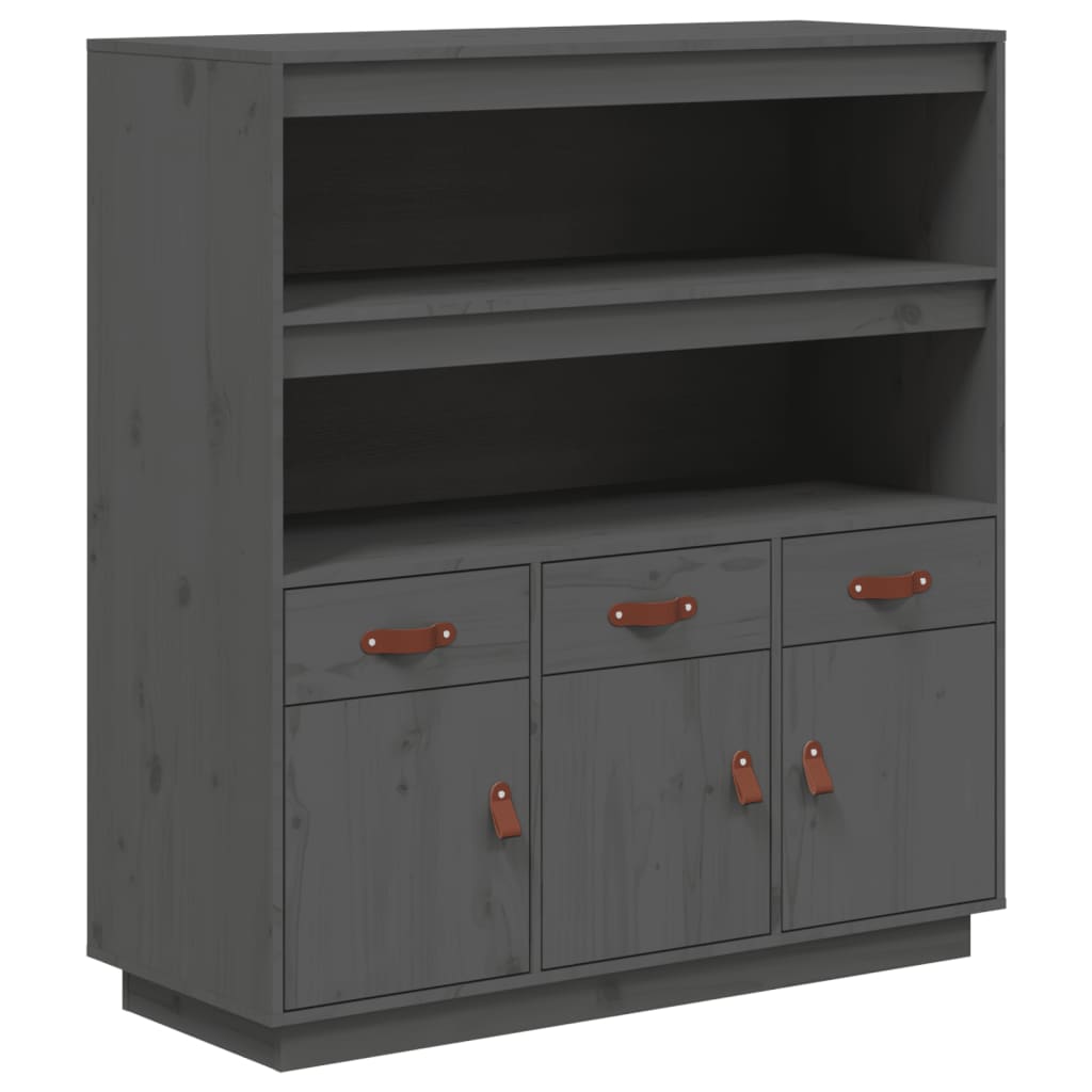 Hoogkast – Opbergkast – Dressoir – Kledingkast – Vitrinekast – Massief Dennenhout – 3 Deuren & 3 Laden – Grijs Afgelakt