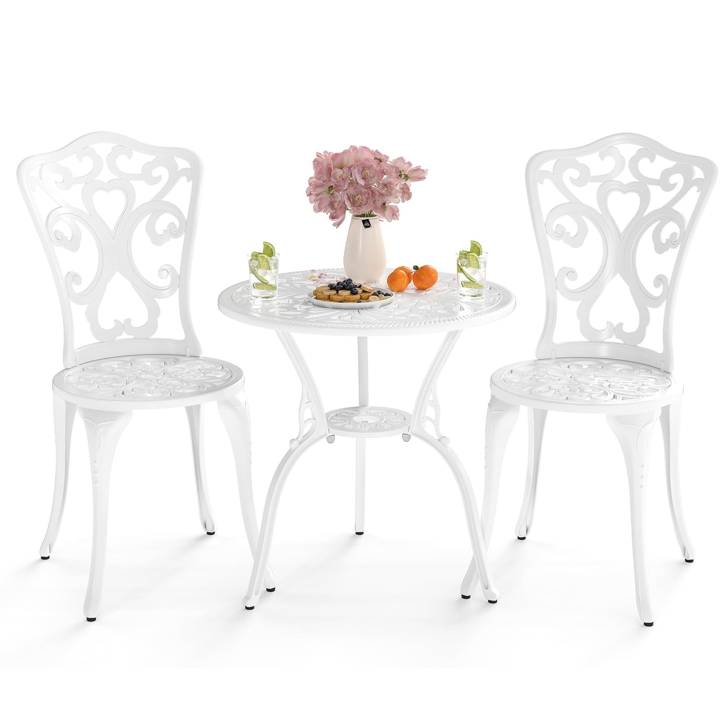 3-delige Tuinset – Bistroset – Balkonset – Terras Meubels – Patio Stoelen – Weerbestendig Aluminium – Stabiel Met Parasolgat – Wit