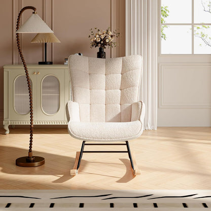 Schommelstoel – Relaxstoel – Schommelstoel Woonkamer – Plush Fluwelen Stoel – Leesstoel – Comfortabel – Hoogwaardige Schuimvulling – Stevig Metaal & Houten Frame – Wit
