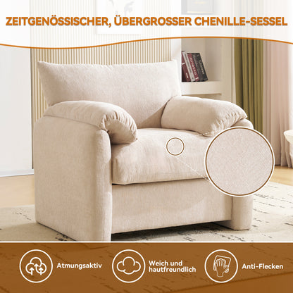 Loungechair – Fauteuil – Zitzak – Accentstoel – Relaxstoel – Oversized Design – Chenille Stof – Gepolsterde Armleuningen – Eenvoudige Montage – Wit