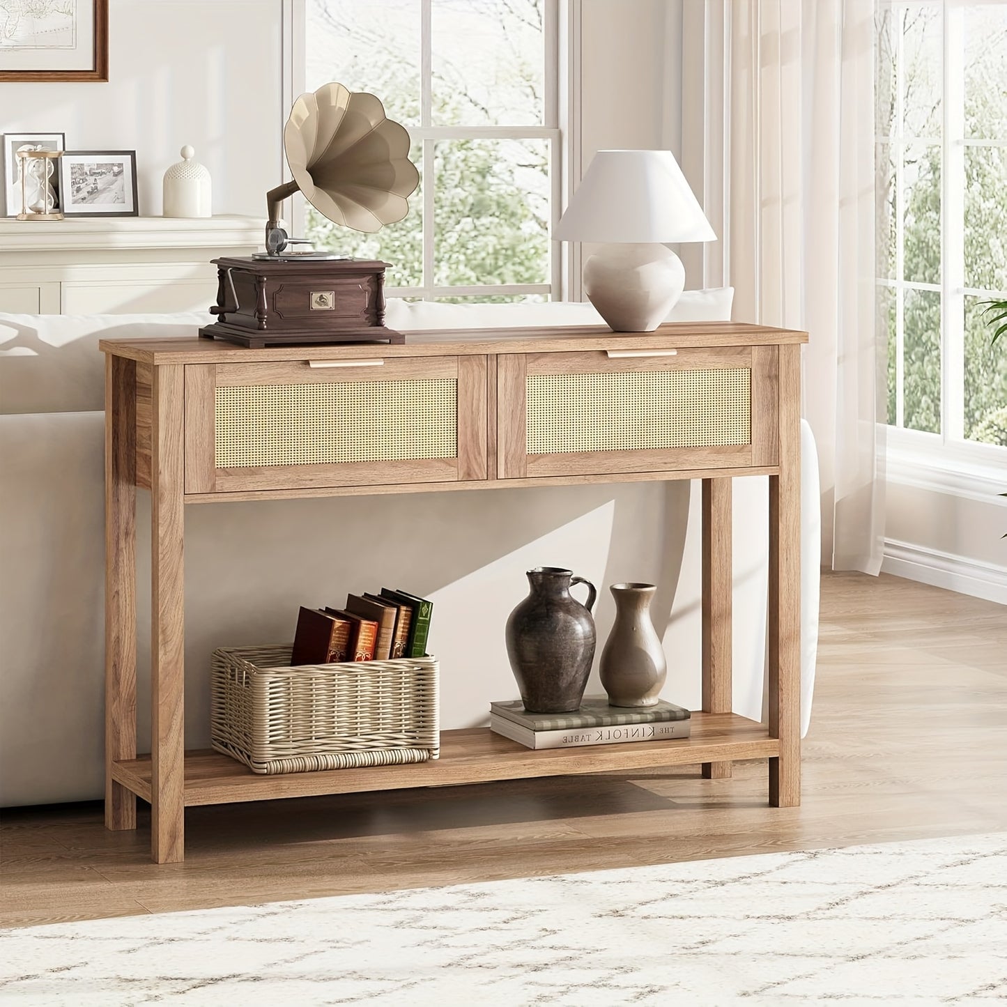 Haltafel – Sidetable – Dressoir – Opbergtafel – Console – 110x30x79 cm – Gerecycled Caramel Eikenhout – Boho Rattan Met 2 Lades