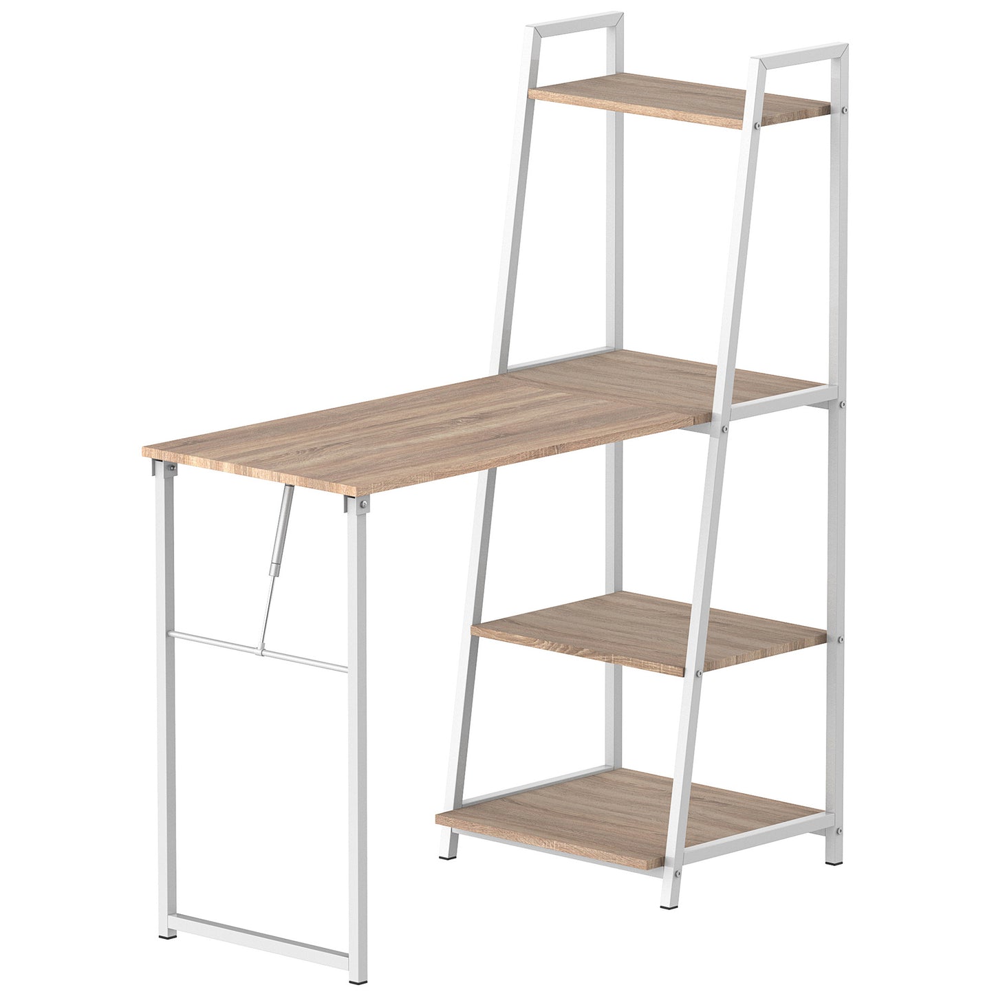 Bureau – Bureautafel – Computerbureau – Werkplek – Klapbureau – Ruimtebesparend Ontwerp – 4 Geïntegreerde Planken – Licht Eikenhout Look – Wit Metalen Frame