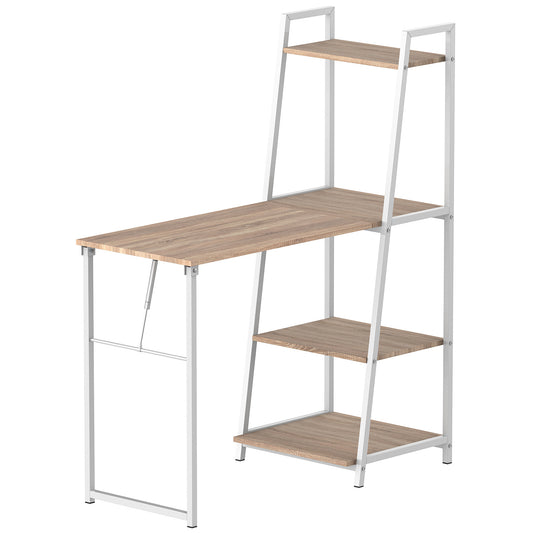 Bureau – Bureautafel – Computerbureau – Werkplek – Klapbureau – Ruimtebesparend Ontwerp – 4 Geïntegreerde Planken – Licht Eikenhout Look – Wit Metalen Frame