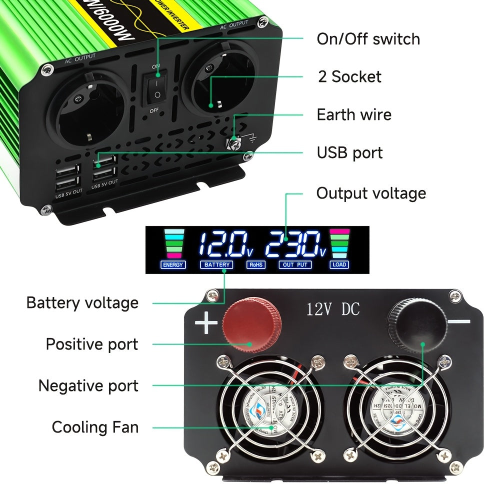 Spanning Inverter – Power Inverter – Stroom Omvormer – Spanning Omvormer – 3 UK Stopcontacten – Pure Sinusgolf Uitgang – 1300W Tot 6000W Piekvermogen