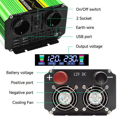 Spanning Inverter – Power Inverter – Stroom Omvormer – Spanning Omvormer – 3 UK Stopcontacten – Pure Sinusgolf Uitgang – 1300W Tot 6000W Piekvermogen