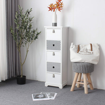 Nachtkastje – Ladekast – Bijzettafel – Opbergkast – Ladekast Smal – 5 Laden – Modern Design – MDF Hout – 93x30x25 cm – Wit Grijs