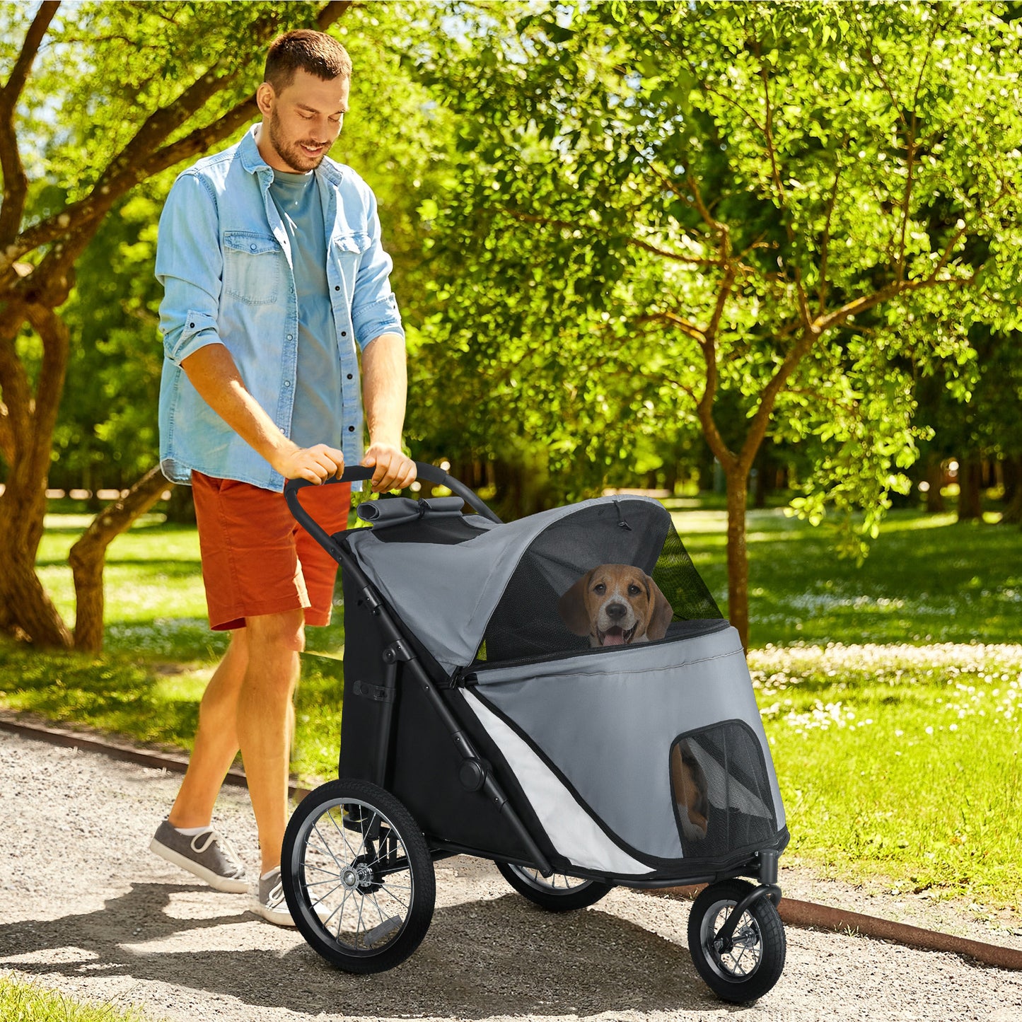 Foldable Dog Stroller with Reclining Cushion, Steel Frame, Gray/Black