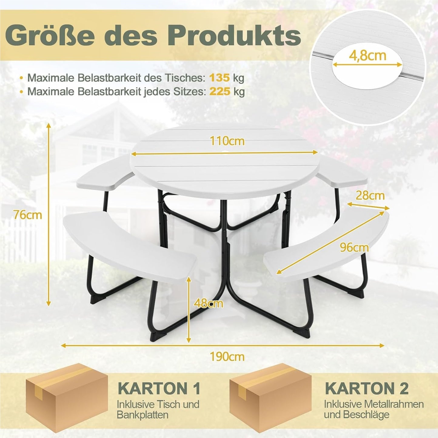 Picknicktafel – Tuinset – Terrasmeubilair – Buitenmeubel – Tuintafel Met Bankjes – Wit – 8-Persoons – Rond Met HDPE Blad En Parasolhouder