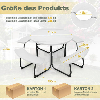 Picknicktafel – Tuinset – Terrasmeubilair – Buitenmeubel – Tuintafel Met Bankjes – Wit – 8-Persoons – Rond Met HDPE Blad En Parasolhouder