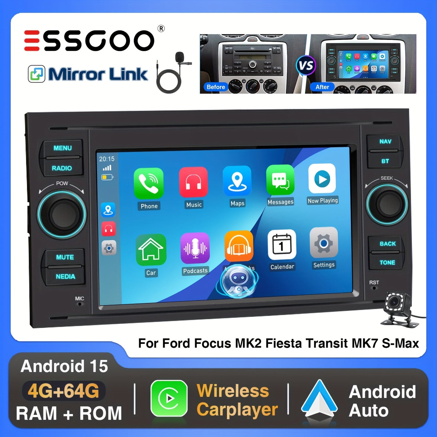 Achteruitrijcamera – Parkeercamera – Draadloze Achteruitrijcamera – Achteruitrijsensor – 7 Inch Touchscreen – 12 LED Verlichting – Extra Microfoon – Geschikt Voor Ford