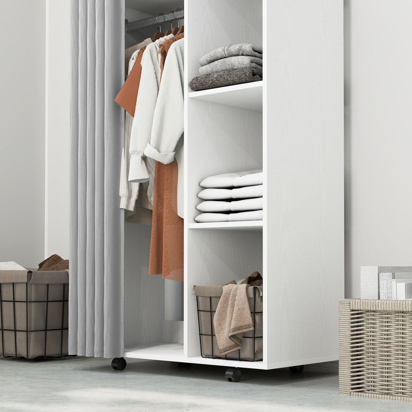 HOMCOM Wardrobe Closet Storage Furniture Mobile 6 Wheels with Clothes Rail And Open Shelves, Rolling Wardrobe Dressing Room for Bedroom, Dim. 80 X 40 X 128 Cm, White