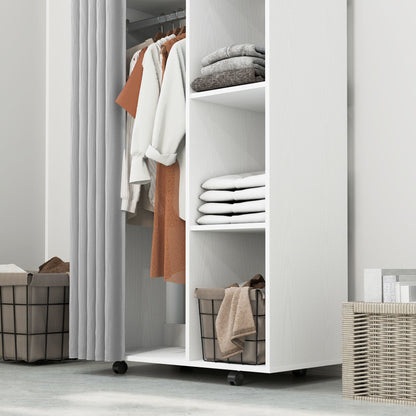 HOMCOM Wardrobe Closet Storage Furniture Mobile 6 Wheels with Clothes Rail And Open Shelves, Rolling Wardrobe Dressing Room for Bedroom, Dim. 80 X 40 X 128 Cm, White