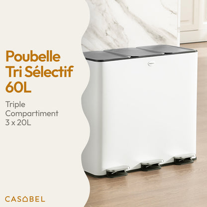Prullenbak – Afvalbak – Vuilnisemmer – Recyclingbak – 3 Compartimenten – 60 Liter Inox – Voetbediening – Vingerafdrukbestendig