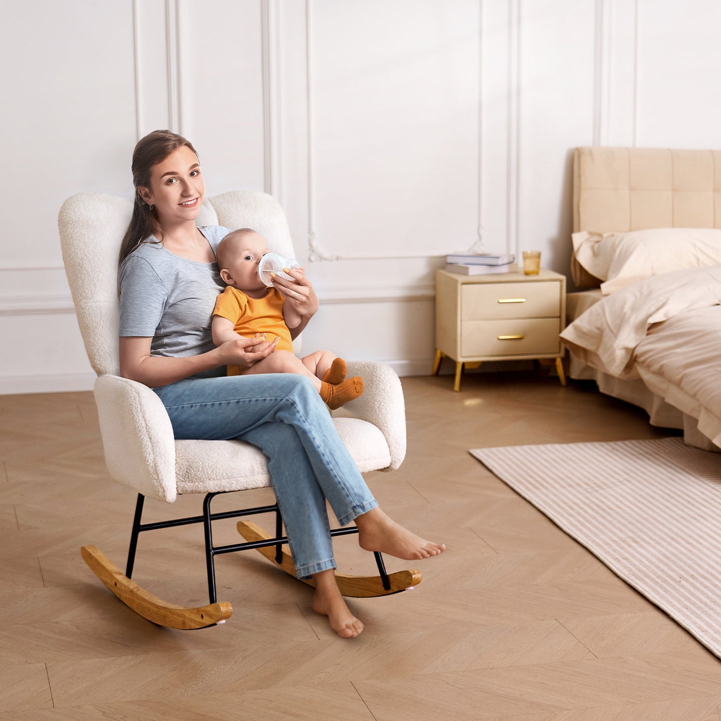 Schommelstoel – Schommelstoel Voor Babykamer – Wiegstoel – Relaxstoel – Nursing Chair – Zacht Teddy-Stof – Stevig Rubberhout Frame – Ivoor Wit