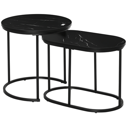 Koffietafel – Bijzettafel – Salontafel – Tafelset – Set Van 2 – Marmerlook – Metalen Onderstel – Ø50 x 50,5 cm – Zwart – Stapelbaar – Modern Design