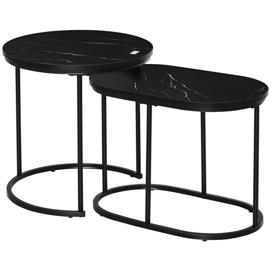 Koffietafel – Bijzettafel – Salontafel – Tafelset – Set Van 2 – Marmerlook – Metalen Onderstel – Ø50 x 50,5 cm – Zwart – Stapelbaar – Modern Design