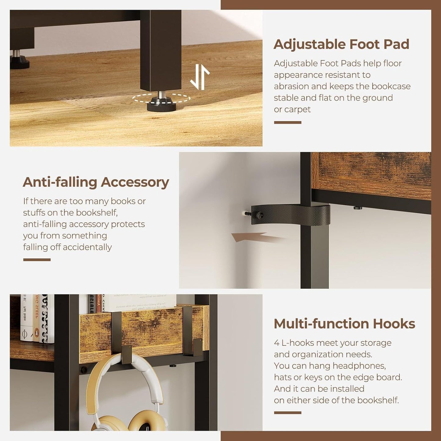 5-Tier L-Shaped Corner Bookshelf Heavy-Duty Metal Space-Saving Tall Shelf with 4 Hooks, Curved Corner Shelves for Books & Decor, Assembly, Brown - Suitable for Bedroom, Living Room, Office, Vertical Unit