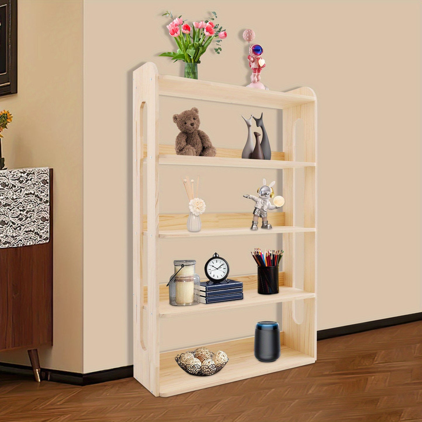 5-Tier Heavy-Duty Standing Bookshelf with Sturdy Metal-Reinforced Shelves - Natural Pine Wood Freestanding Storage Shelf, 68.58cm Tall Bookcase with 50Kg Capacity, Easy Assembly for Conference Room, Office, Storage Room - Mod