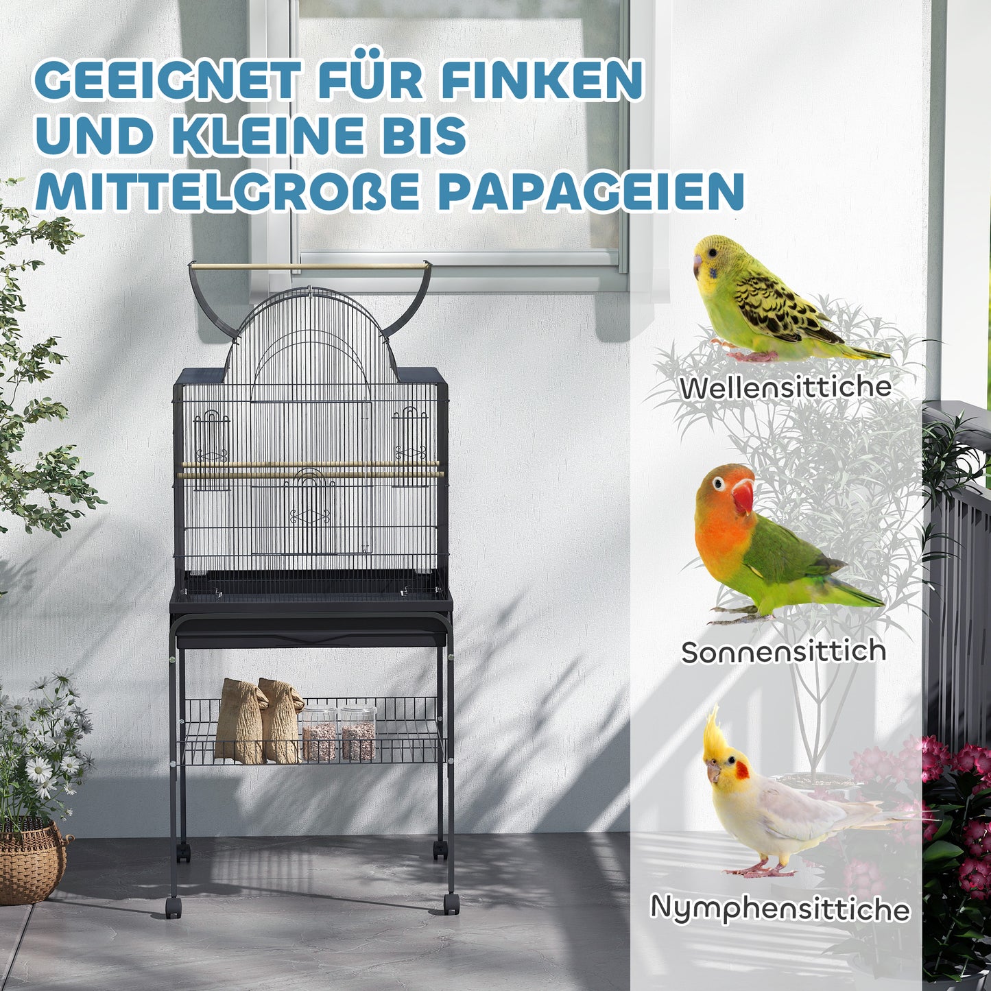 Vogelkooi – Parkietenkooi – Kanariekooi – Papegaaienkooi – Volière – Stalen Kooi – Wieltjes met Remmen – Uitneembare Lade 63x53x144 cm Zwart