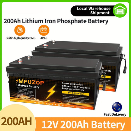12V LiFePO4 Batterijset – Lithium-ijzerfosfaat Accu – Deep Cycle Accu – RV Batterij – Zonne-energie Batterij – 200Ah Capaciteit – 200A BMS Beveiliging