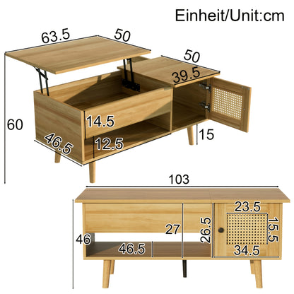 Salontafel – Koffietafel – Bijzettafel – Woonkamertafel – Tafeltje – Lift-Top Met Rieten Deuren – Massief Hout & Spaanplaat – Eenvoudige Montage