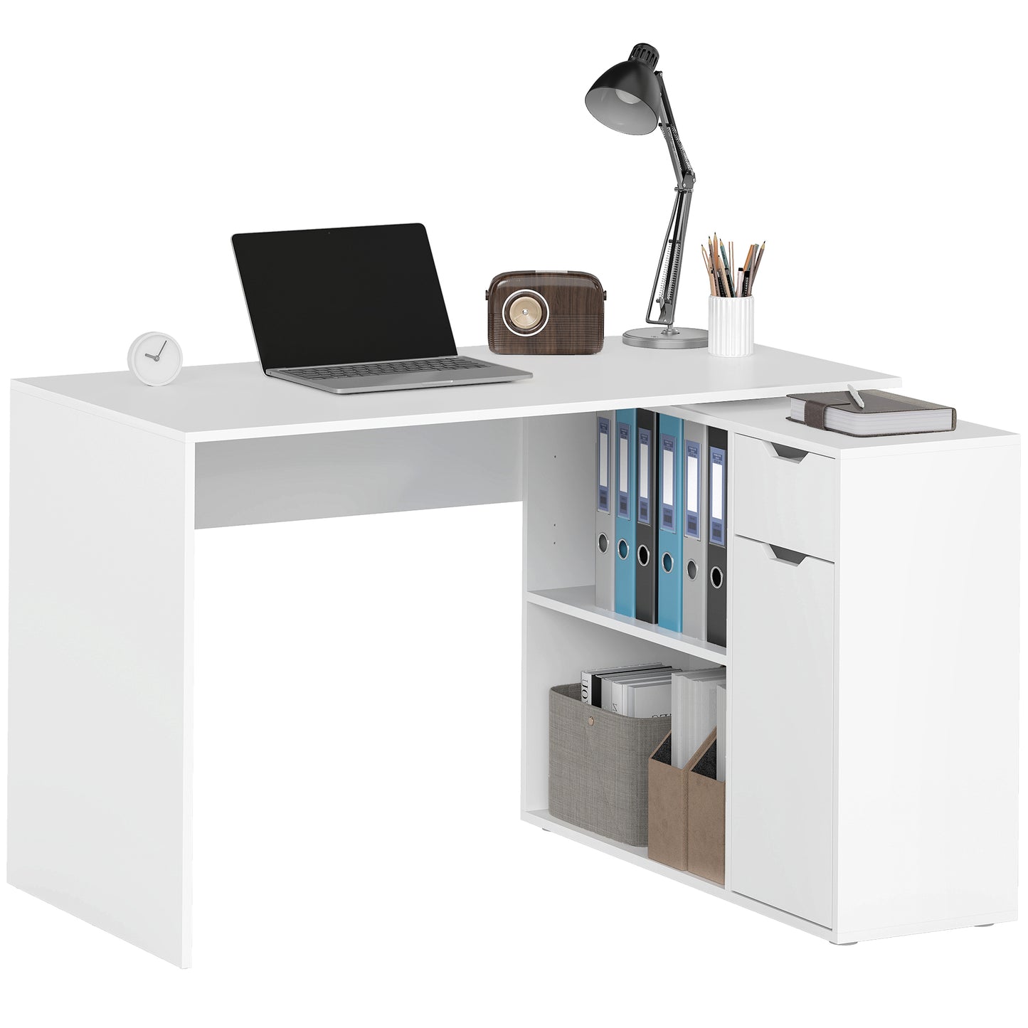 Flexibel Bureau – Bureautafel – Studiebureau – Werkplek – Schrijftafel – Wit Houten Design – 2-Laagse Kast & Lade – Compact en Onderhoudsvriendelijk