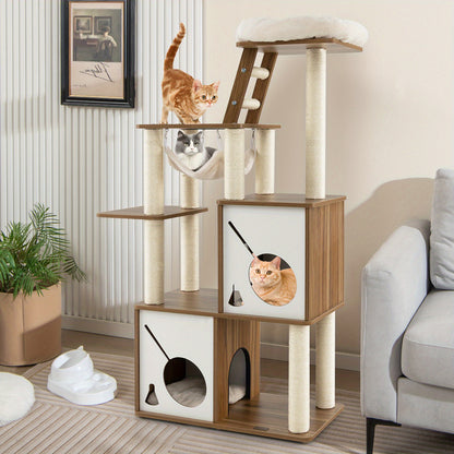 Krabpaal – Kattenboom – Kattenhuis – Krabmeubel – Kattentoren – 145 cm Hoog – Sisal Beklede Krabpalen – Afneembaar Wasbaar Bovenplatform en Huisjes
