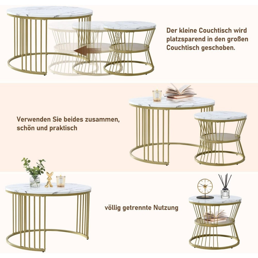 Set Van 2 Lage Tafels – Salontafel – Bijzettafel – Rond – Nesting – Witte Marmerlook – Metaal Frame – Verstelbare Pootjes – Ruimtebesparend Design