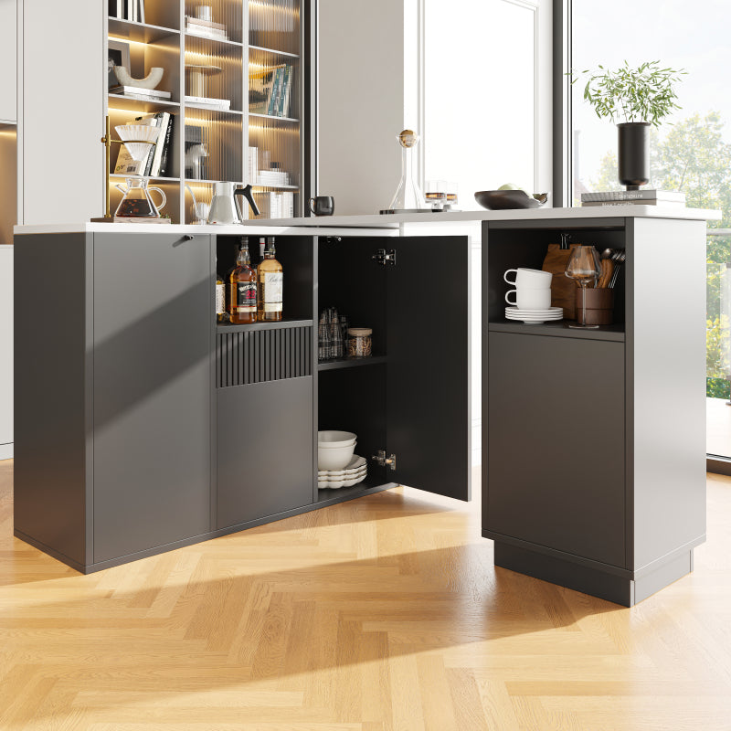 Bartafel – Barkruk Tafel – Keukentafel – Barmeubel – Zwart MDF Design – 360° Draaibaar – 210x30x100,9 cm – Marmerlook Werkblad – Ruime Opbergruimte