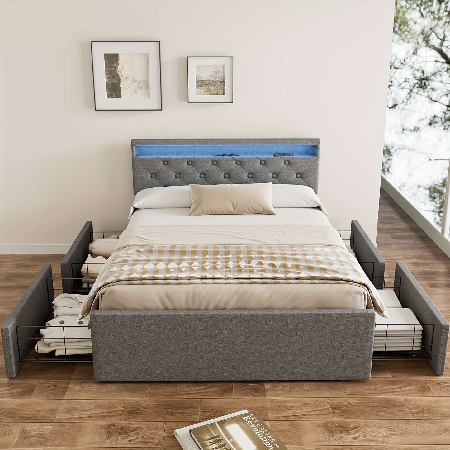 Bedbank – Slaapbank – Slaapstoel – Bankbed – Bedframe – 140x200 cm – Gestoffeerd Grijs Linnen – 4 Lades & USB LED Hoofdbord