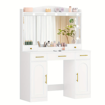 Dressing Table With HD Large Mirror, 3 Color Adjustable LED Lights, 5 Drawers And 2 Storage Cabinets, Open Storage, Bedroom, 40 X 108 X 149 Cm, White
