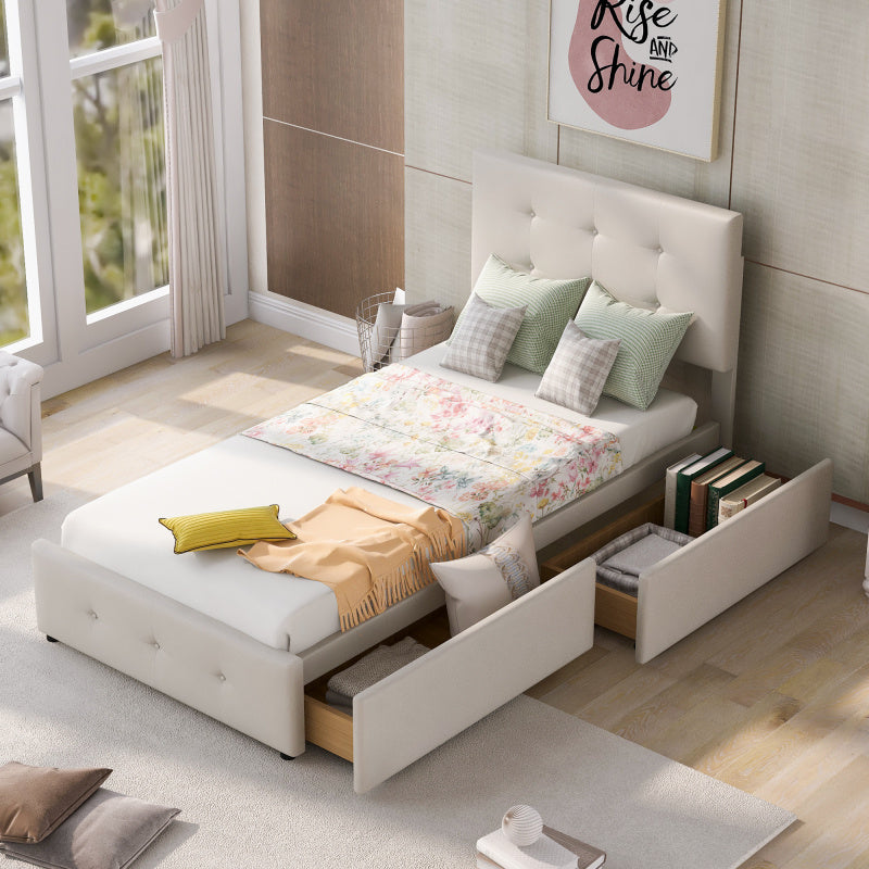Bedbank – Slaapbank – Logeerbed – Eenpersoonsbed – Bed – Lichtbeige Gestoffeerd – Lattenbodem – 2 Grote Opberglades