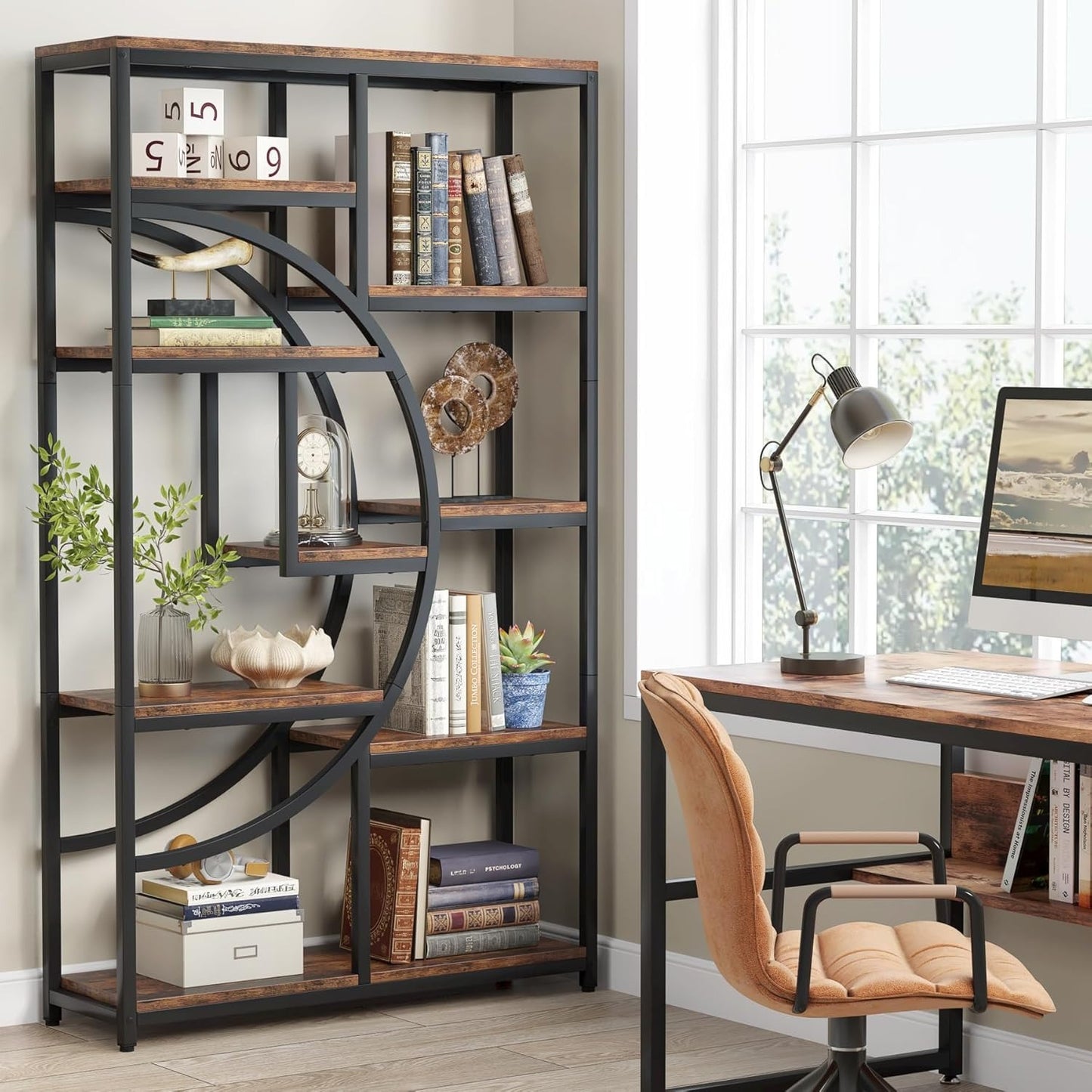 Boekenkast – Boekrek – Wandrek – Opbergkast – Vakkenkast – 9 Open Vakken – Robuust MDF Met Metaal – Industrieel Design – Rustic Brown & Zwart