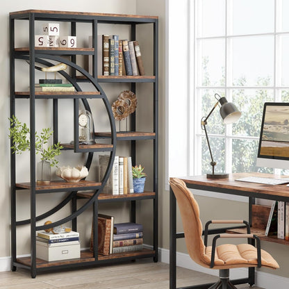 Boekenkast – Boekrek – Wandrek – Opbergkast – Vakkenkast – 9 Open Vakken – Robuust MDF Met Metaal – Industrieel Design – Rustic Brown & Zwart