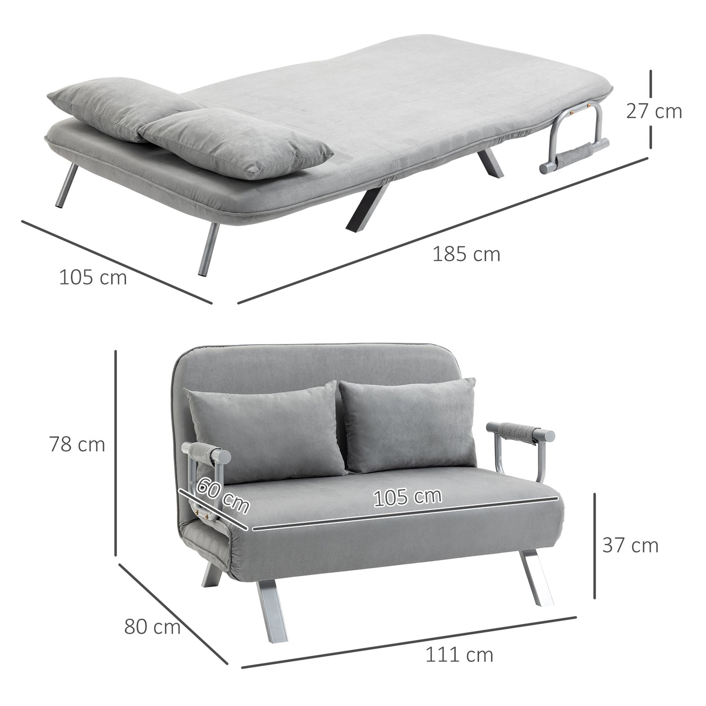 2-zits slaapbank – tweezitsbank – slaapstoel – loungestoel – slaapbed – verstelbare rugleuning – zachte lichtgrijze faux suède – gepoedercoat stalen frame – 111 x 80 x 78 cm