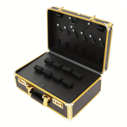 Professional Hairdressing Case | Golden Rectangular Design with Combination Lock, 20kg Weight Capacity, Ideal for Cosmetic Tools, Haircutting Equipment, Travel Makeup Storage - TOOL1SHOOO