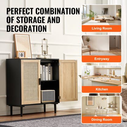 Kast – Opbergkast – Rattan Kast – Dressoir – Buffetkast – Handgeweven Rattan Deuren – Verstelbare Legplanken – Zwart – Magnetische Deuren