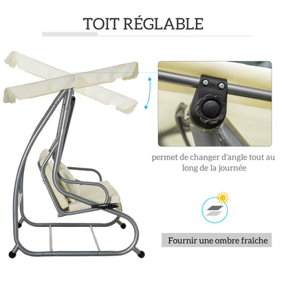 Tuinbank Schommelbank Balkonbank Buitenbank Tuinmeubel – 3-Zits – Gepoedercoat Staal – Verstelbaar Polyester Dak – Inclusief Zijtafels met Bekerhouders – 200x120x164 cm – Beige