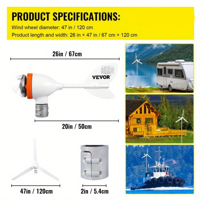 12V Windturbine Generator – Windenergie Generator – Windmolen – Compacte Turbine – 400W Output – MPPT-Controller – Volautomatisch Richtbaar