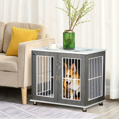 Hondenbench – Hondenkooi – Dog crate – Dierenbench – Huisdierbench – Medium – Stalen Constructie – Multifunctionele Bijzettafel Met Kussen – Modern Grijs-Wit – Ruim & Toegankelijk