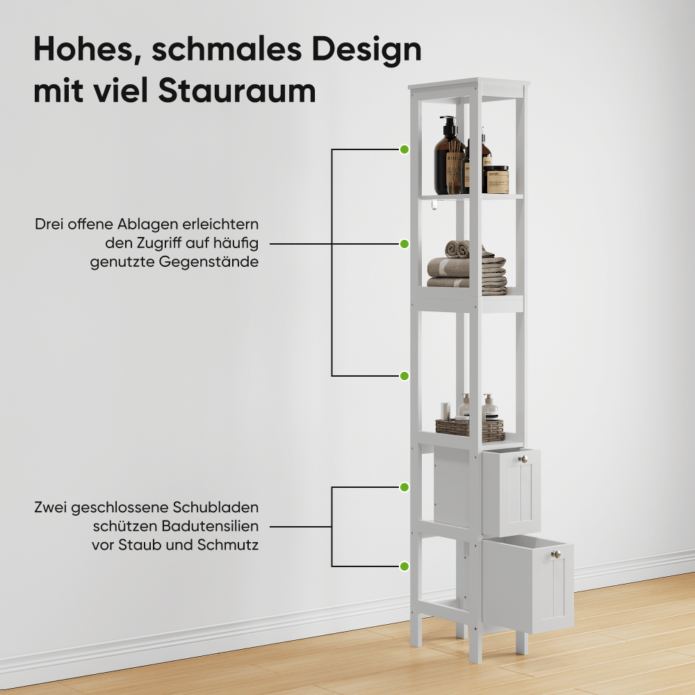 Badkamerkast – Smalle Kolomkast – Vrijstaande Kast – Opbergkast – Wastafelonderkast – Hoogte 160 cm – MDF Materiaal – 2 Laden en 3 Open Planken – Wit