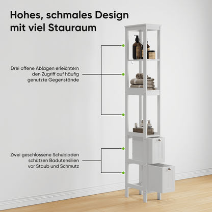 Badkamerkast – Smalle Kolomkast – Vrijstaande Kast – Opbergkast – Wastafelonderkast – Hoogte 160 cm – MDF Materiaal – 2 Laden en 3 Open Planken – Wit