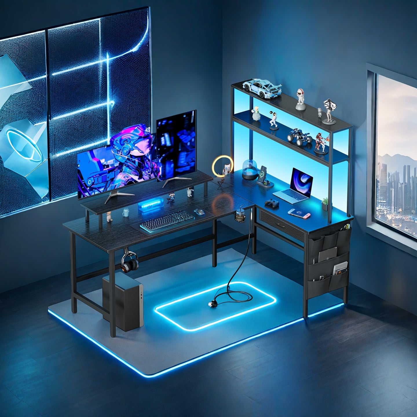 Gaming Bureau – Gaming Desk – Hoekbureau – Game Bureau – Computerbureau – L-Vormig Hoekontwerp – LED Verlichting – Zwart – Met Monitorstandaard – Ruime Opbergruimte