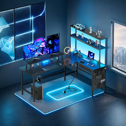 Gaming Bureau – Gaming Desk – Hoekbureau – Game Bureau – Computerbureau – L-Vormig Hoekontwerp – LED Verlichting – Zwart – Met Monitorstandaard – Ruime Opbergruimte