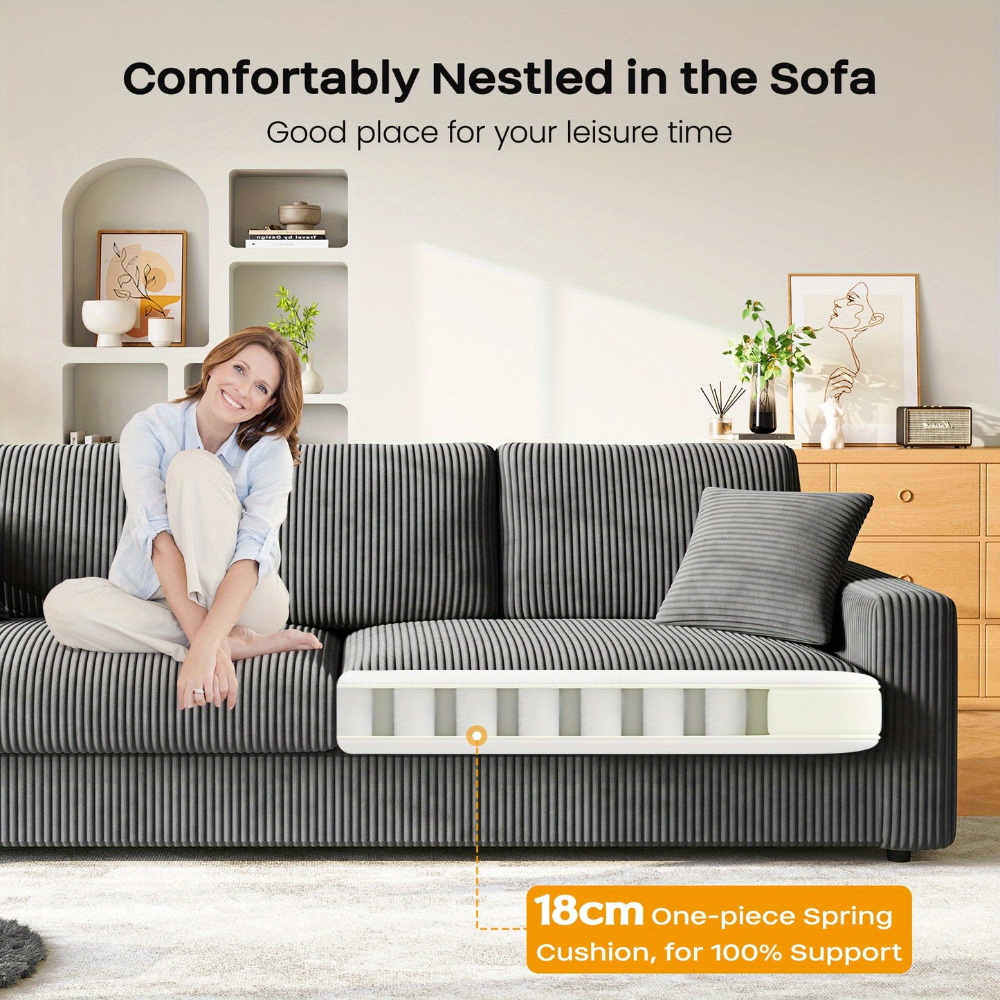 Hoekbank – Loungebank – 4-Zitsbank – Slaapbank – Sofa – 256 cm – Corduroy Bekleding – Inclusief 2 Kussens - Grijs