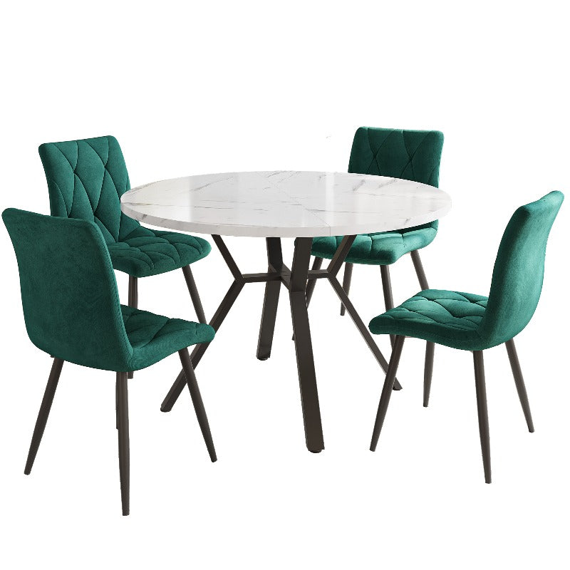 Eetkamerset Rond – Ronde Tafelset – Eettafel Met Stoelen – Dinerset – Eettafelset – Modern Minimalistisch Design – Marmeren Blad & Groen Suède Beklede Stoelen