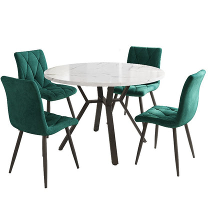 Eetkamerset Rond – Ronde Tafelset – Eettafel Met Stoelen – Dinerset – Eettafelset – Modern Minimalistisch Design – Marmeren Blad & Groen Suède Beklede Stoelen