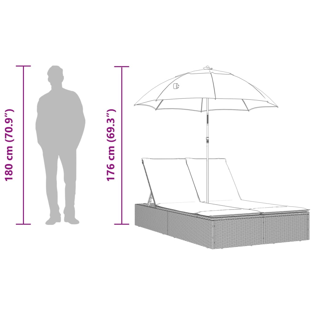 2-Persoons Ligstoel – Tuinstoel – Loungestoel – Buitenstoel – Balkonstoel – Verstelbare Rugleuning – Kantelbare Parasol
