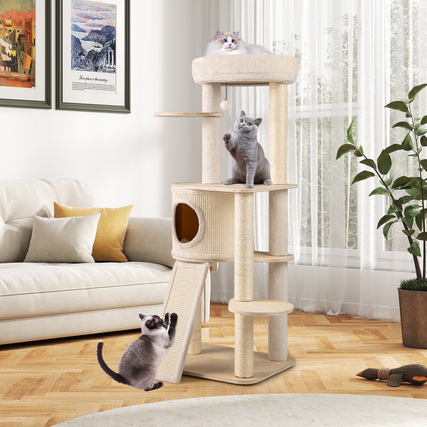 Kattentoren – Krabpaal – Kattenboom – Klimpaal – Kattenhuis – 143 cm Hoog – 6 Platforms Met Sisal Krabpalen