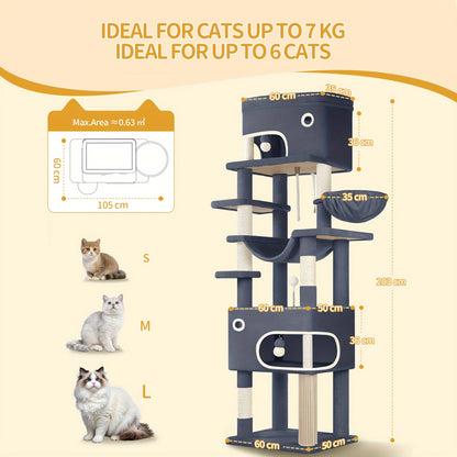 Cat Scratching Post with Large Platform, 2 Caves, 7 Scratching Posts, Pompoms, Loungers, Hammock, Suitable for All Cat Breeds, Light Grey/Dark Grey - QUORE